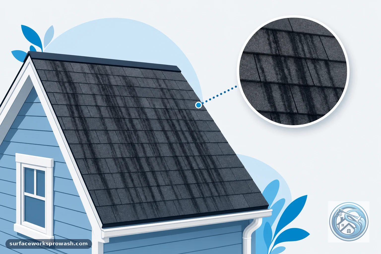 Black algae streaking on an asphalt shingle roof