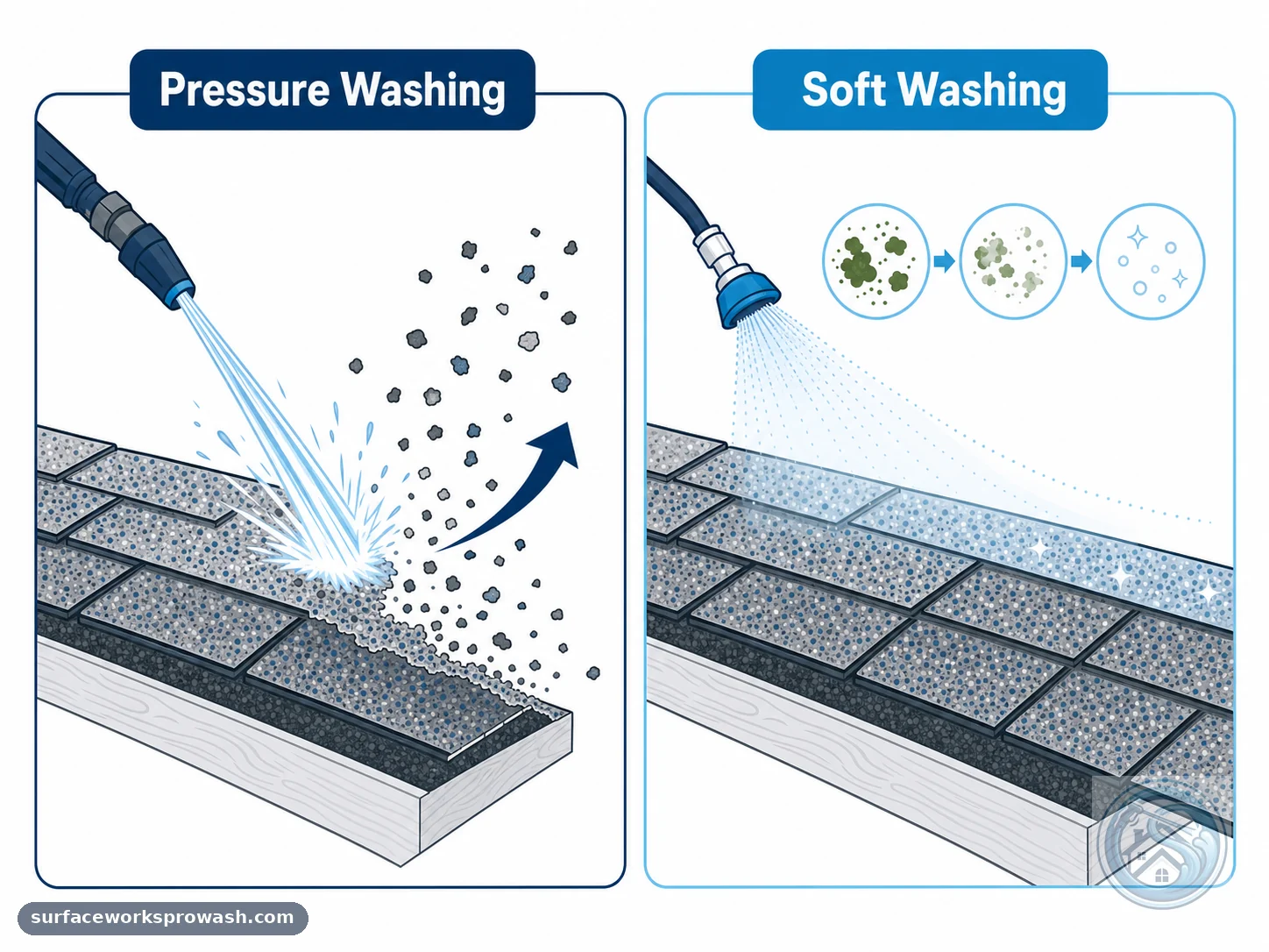 Comparison diagram: high-pressure washing stripping shingle granules on the left, low-pressure soft washing breaking down organic growth without disturbing granules on the right
