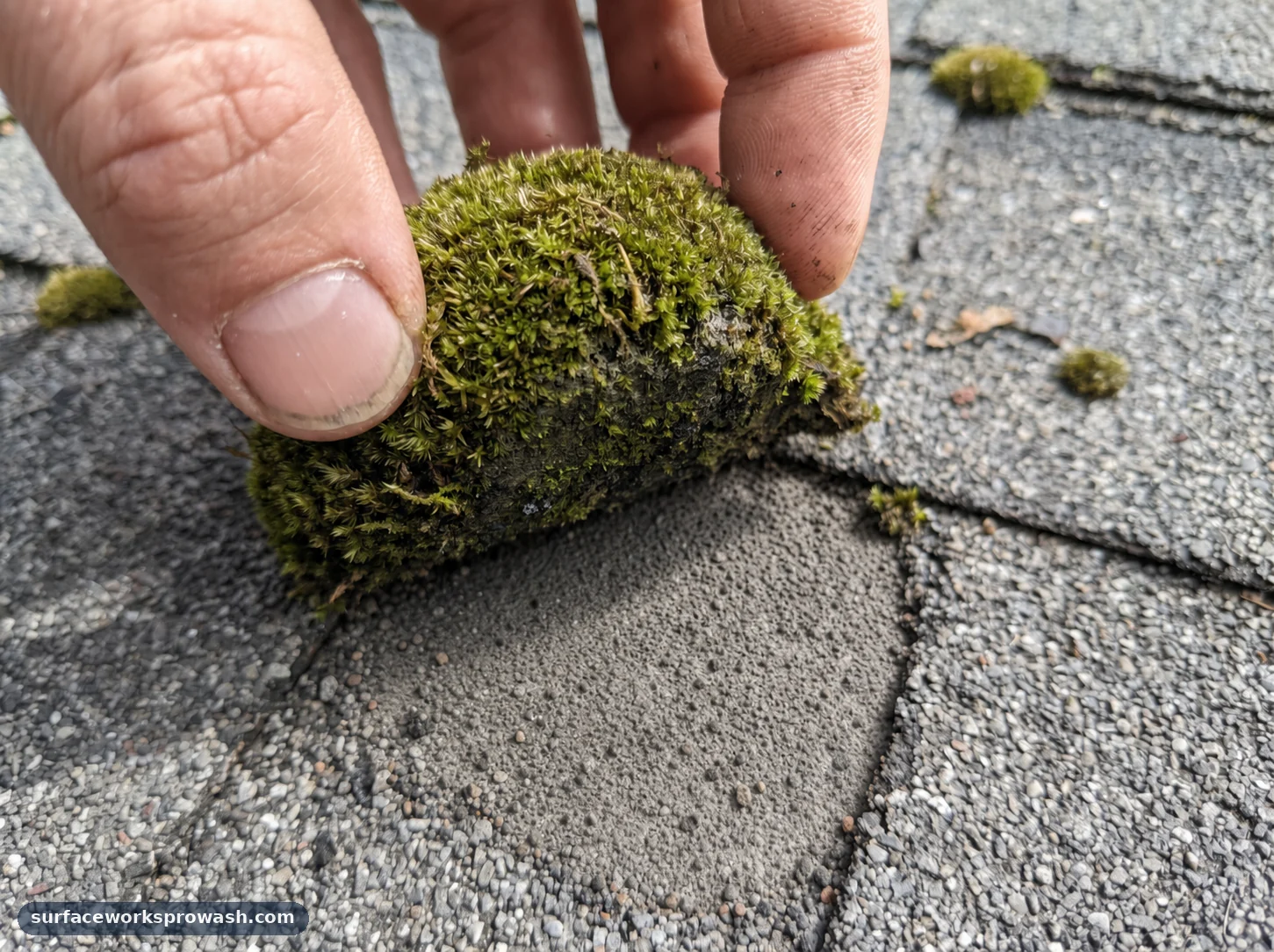 A hand lifting a small clump of green moss off an asphalt shingle roof, revealing a bare, matte patch stripped of its protective mineral granules underneath