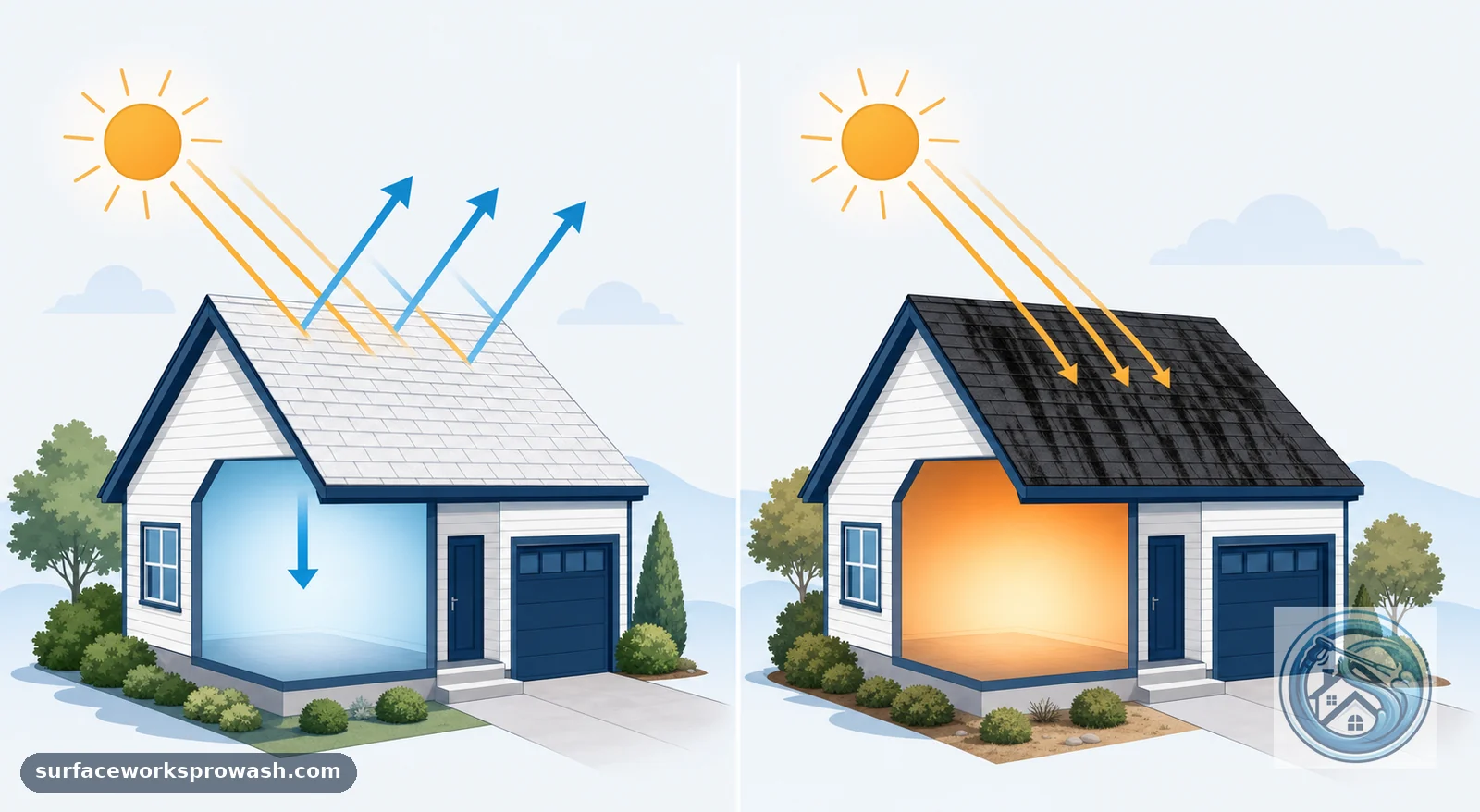 Diagram comparing a clean reflective roof deflecting sunlight versus a black-streaked roof absorbing heat into the home