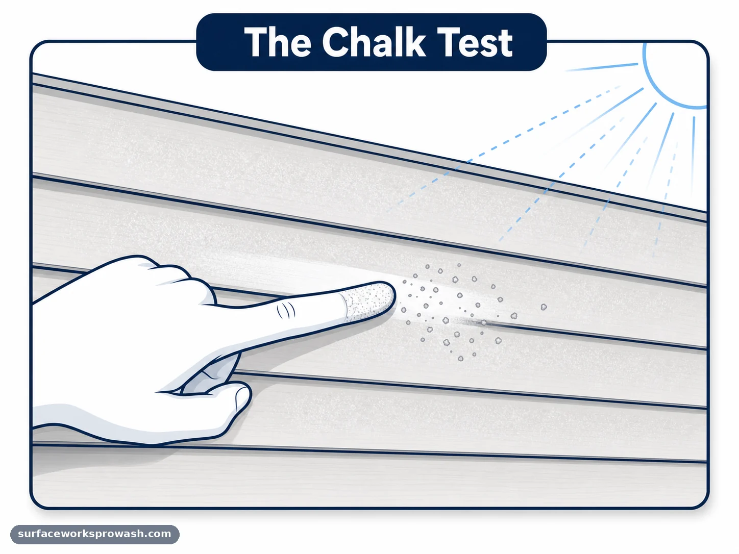 Diagram showing a finger swiping across vinyl siding leaving a clean streak and chalky residue, with sun rays fading into the siding surface to illustrate UV breakdown