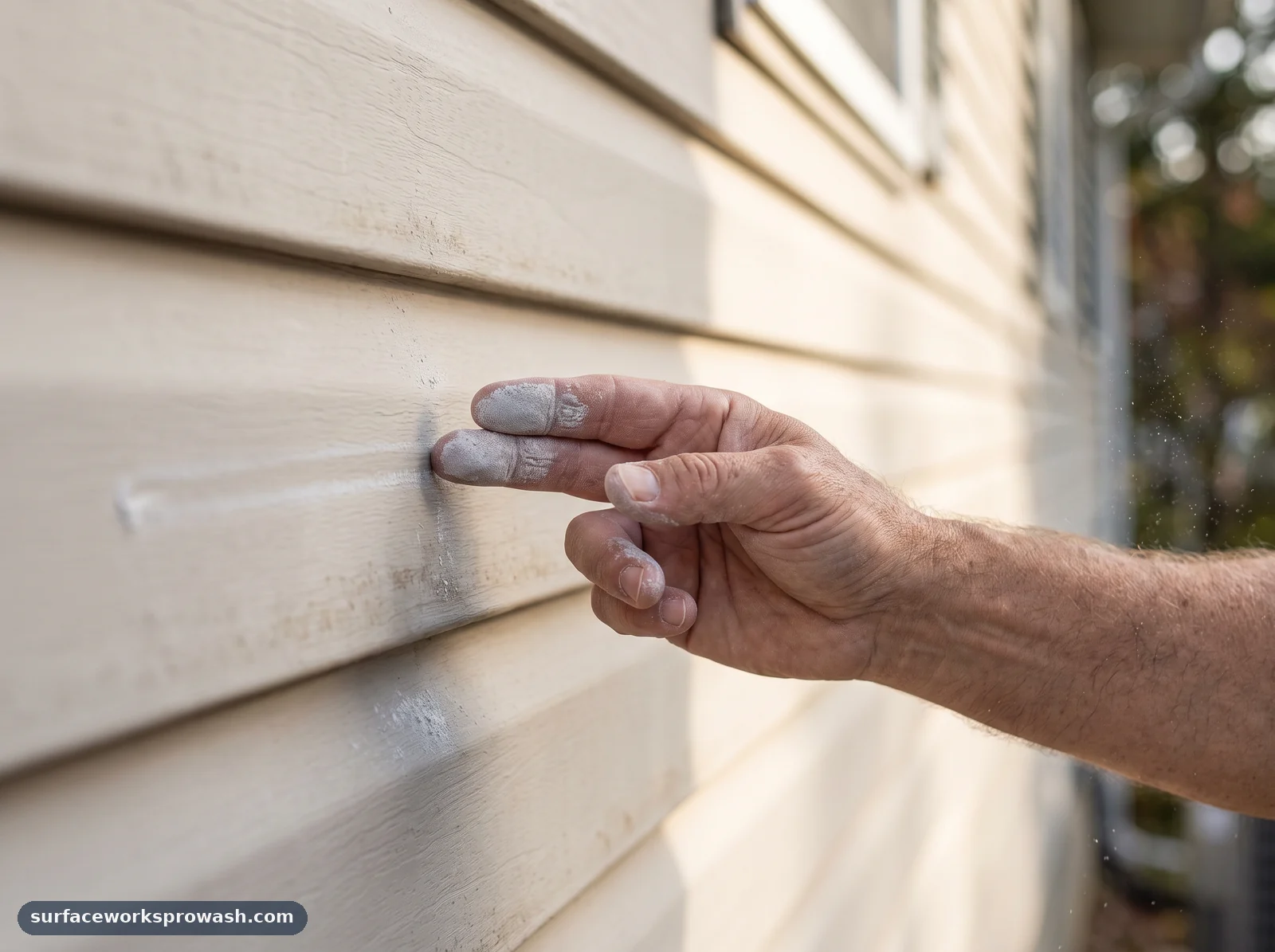 A hand touching vinyl siding, with fingertips coated in a fine chalky white-gray residue after wiping across the surface