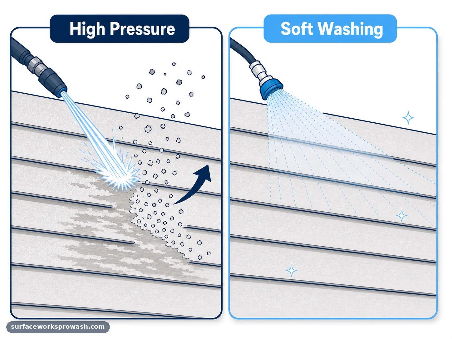 Comparison diagram: high-pressure water blasting a chalky siding panel into a blotchy, uneven patch on the left, versus a gentle low-pressure soft wash leaving the same siding evenly clean on the right