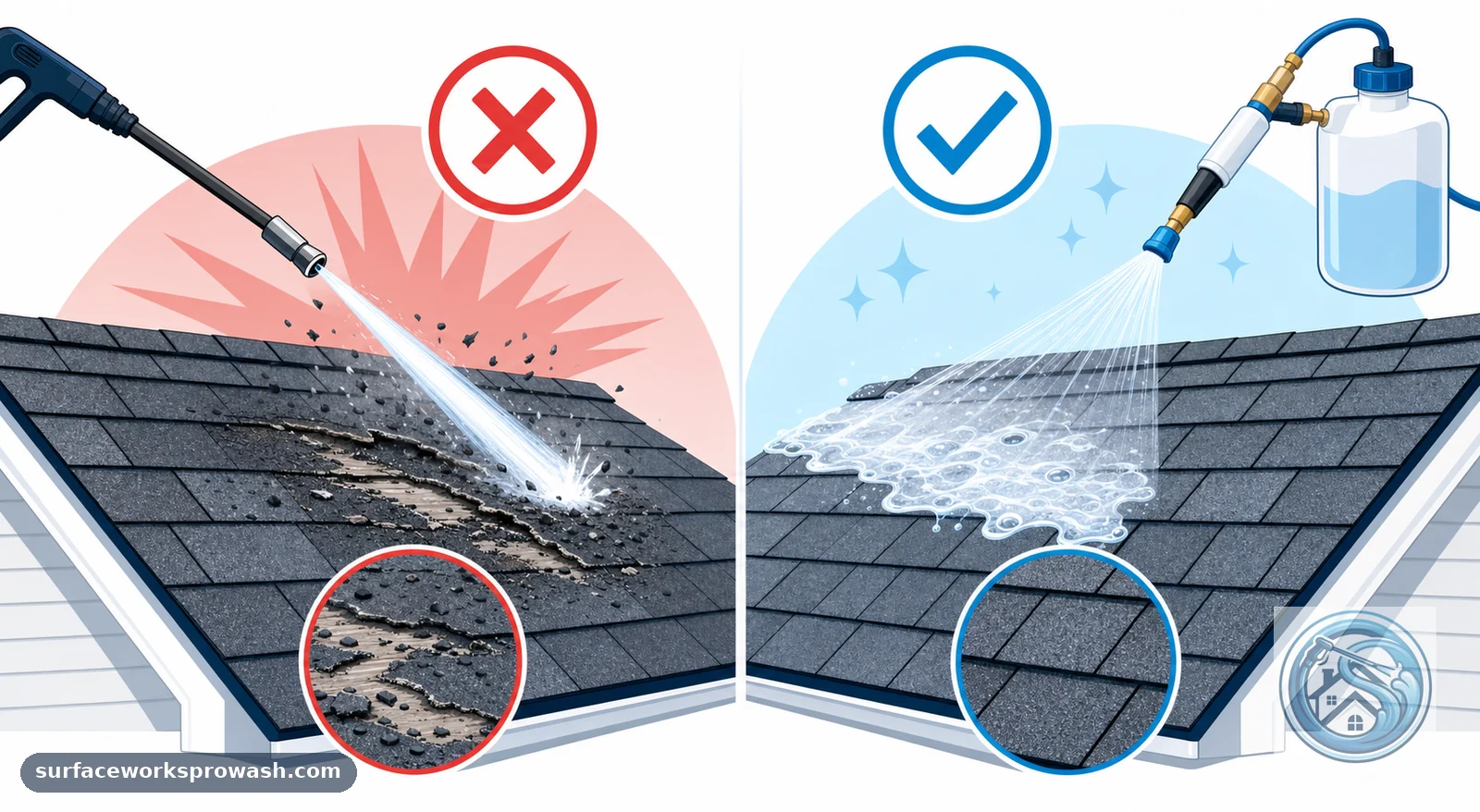 Side-by-side comparison showing high-pressure washing cracking and stripping asphalt shingles on the left, versus a low-pressure soft wash treatment safely cleaning shingles on the right.