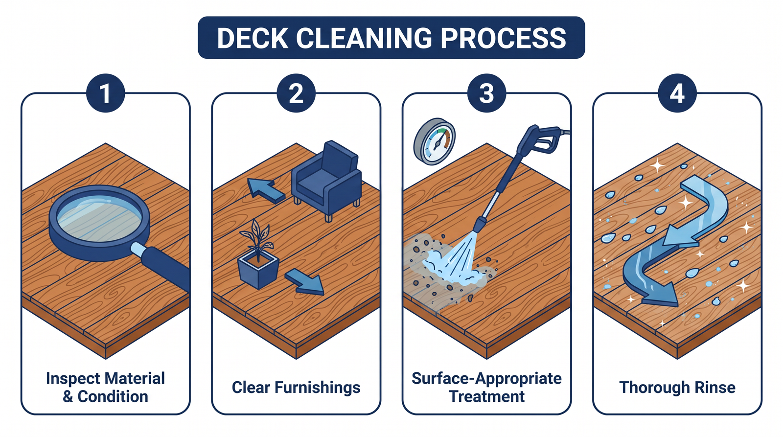 Diagram showing the deck cleaning process: inspect material, clear furnishings, surface-appropriate treatment, thorough rinse.