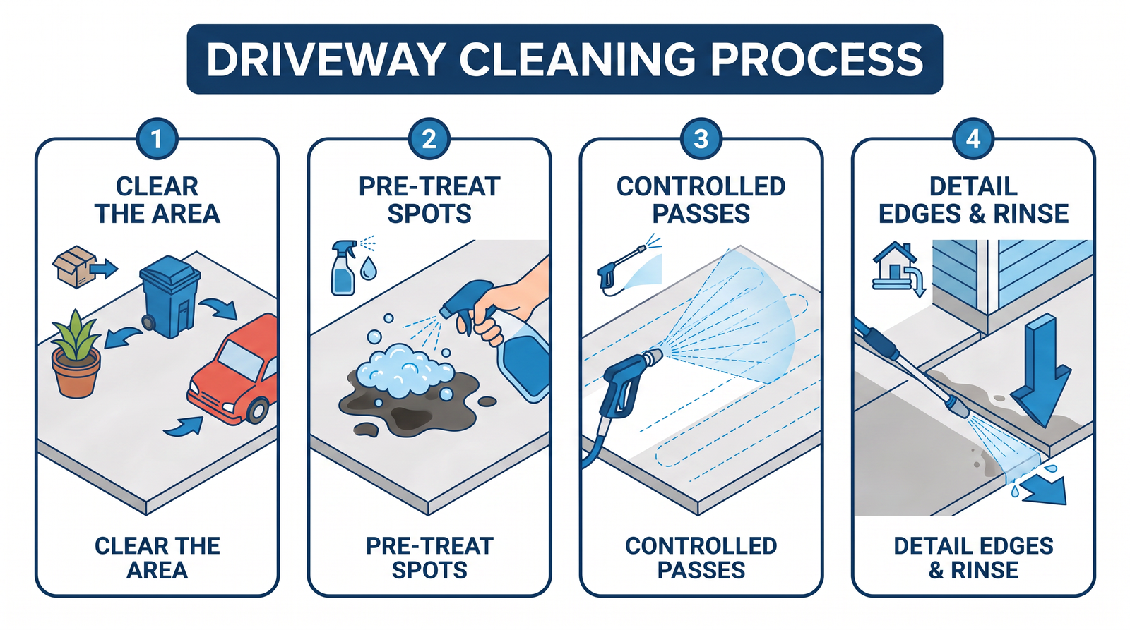 Diagram showing the driveway cleaning process: clear area, pre-treat spots, controlled passes, detail edges and rinse.
