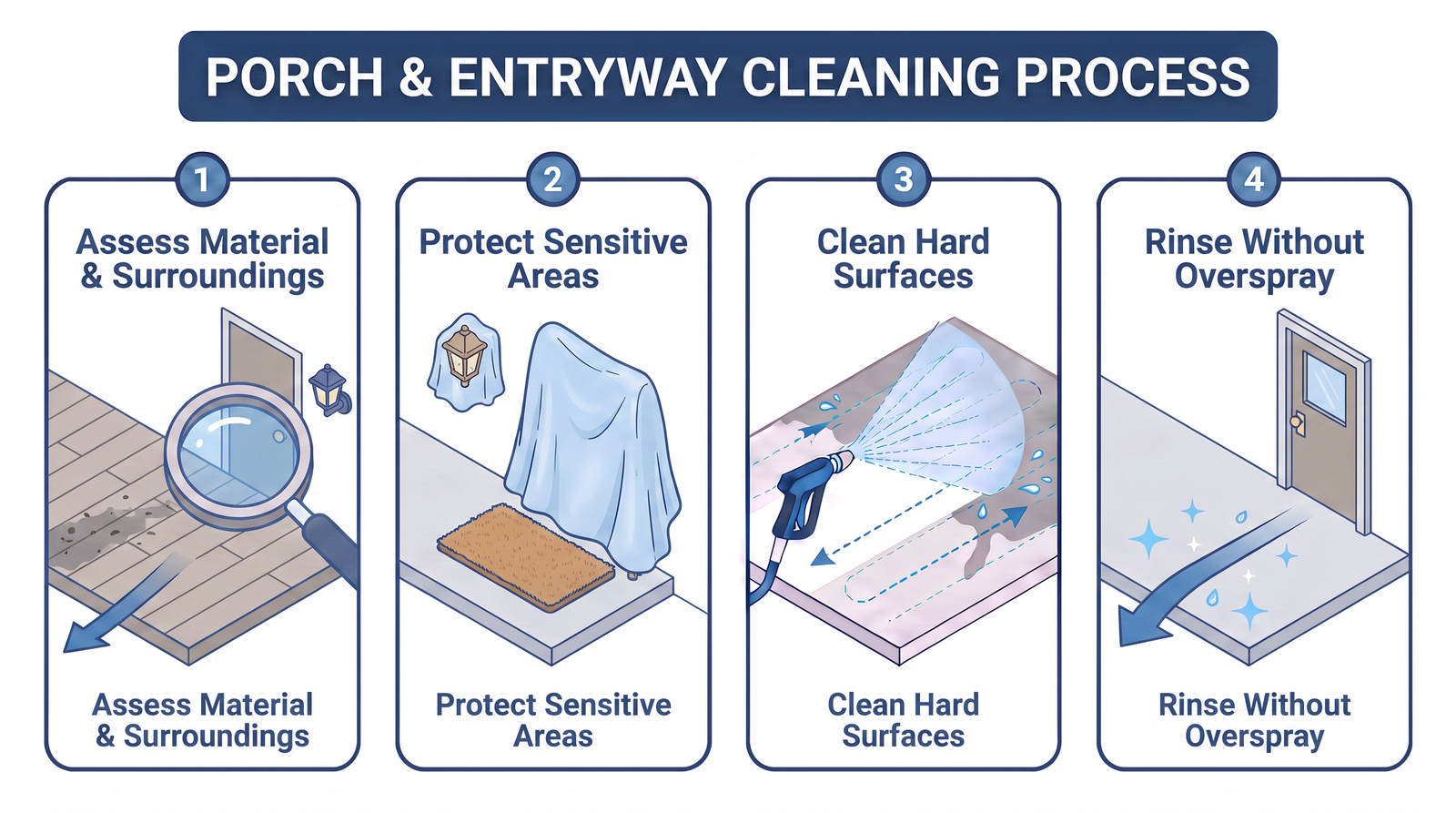 Diagram showing the porch and entryway cleaning process: assess surroundings, protect sensitive areas, clean surfaces, rinse without overspray.