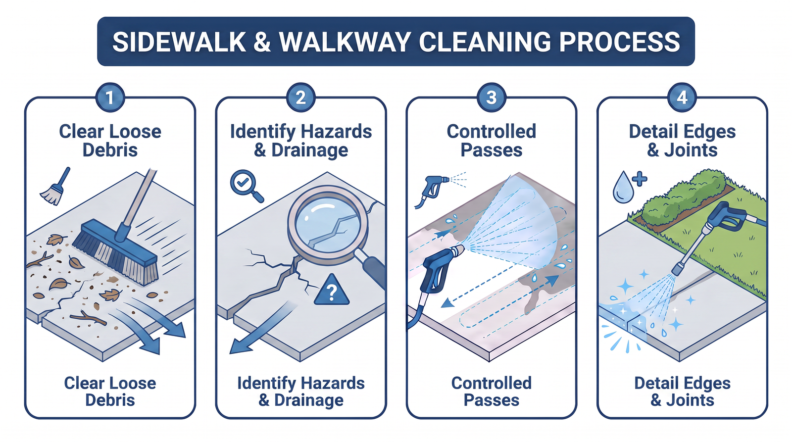 Diagram showing the sidewalk and walkway cleaning process: clear debris, identify hazards and drainage, controlled passes, detail edges.